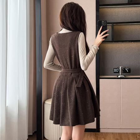 FA51382# 韩版亮闪闪收腰显瘦百褶背心连衣裙女秋季半高领长袖针织衫两件套 服裝批發女裝批發服飾貨源