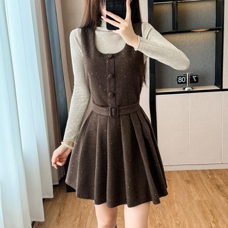 FA51382# 韩版亮闪闪收腰显瘦百褶背心连衣裙女秋季半高领长袖针织衫两件套 服裝批發女裝批發服飾貨源