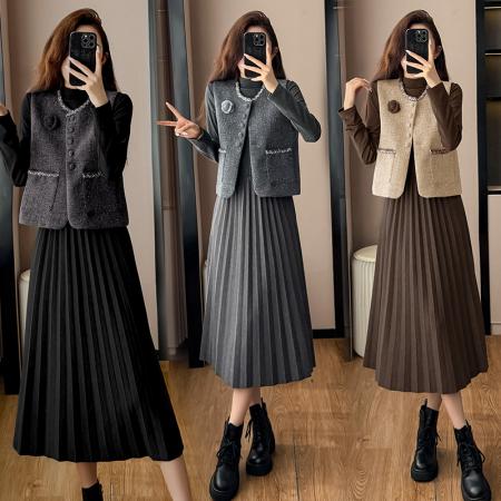 FA51383# 秋冬韩系搭大衣的打底裙百搭背心马甲显瘦打底裙长裙两件套 服裝批發女裝批發服飾貨源