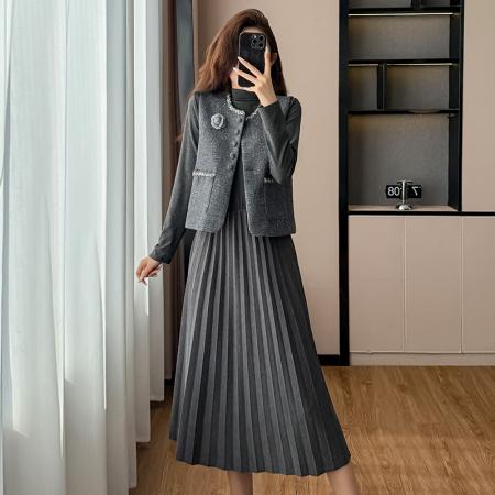 FA51383# 秋冬韩系搭大衣的打底裙百搭背心马甲显瘦打底裙长裙两件套 服裝批發女裝批發服飾貨源