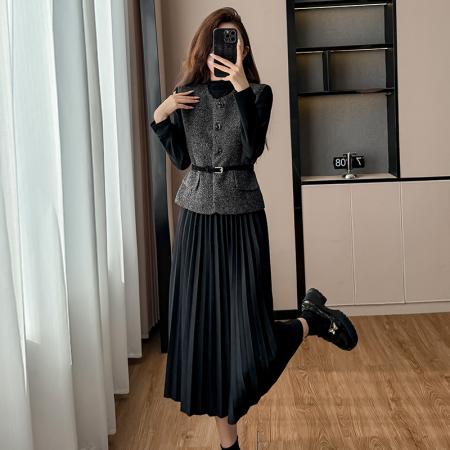 FA51384# 设计感轻奢名媛两件套装裙秋冬季新款毛呢马甲背心长袖连衣裙 服裝批發女裝批發服飾貨源