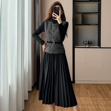 FA51384# 设计感轻奢名媛两件套装裙秋冬季新款毛呢马甲背心长袖连衣裙 服裝批發女裝批發服飾貨源