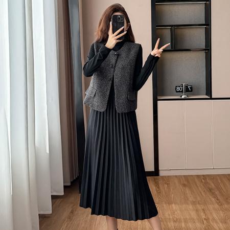 FA51384# 设计感轻奢名媛两件套装裙秋冬季新款毛呢马甲背心长袖连衣裙 服裝批發女裝批發服飾貨源