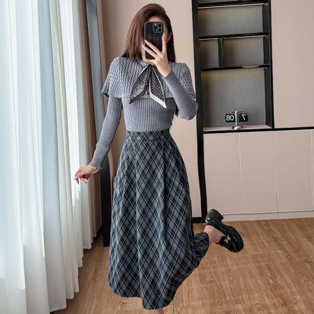 FA51385# 秋季新款法式减龄复古休闲气质上衣高腰格纹半身裙两件套装 服裝批發女裝批發服飾貨源
