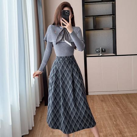 FA51385# 秋季新款法式减龄复古休闲气质上衣高腰格纹半身裙两件套装 服裝批發女裝批發服飾貨源