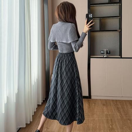 FA51385# 秋季新款法式减龄复古休闲气质上衣高腰格纹半身裙两件套装 服裝批發女裝批發服飾貨源
