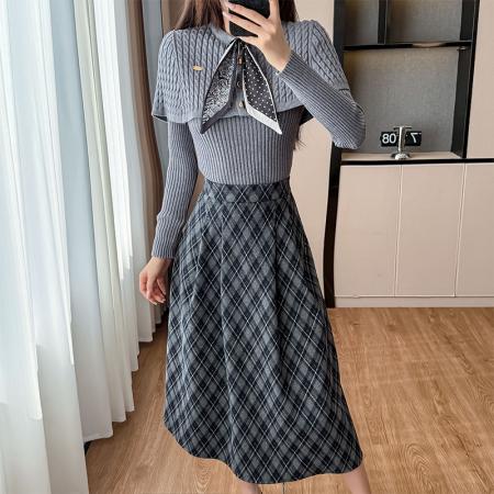 FA51385# 秋季新款法式减龄复古休闲气质上衣高腰格纹半身裙两件套装 服裝批發女裝批發服飾貨源