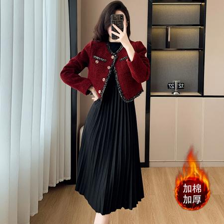 FA51386# 套装加棉法式小香风高级感红色连衣裙两件套女加厚短外套黑色秋冬 服裝批發女裝批發服飾貨源