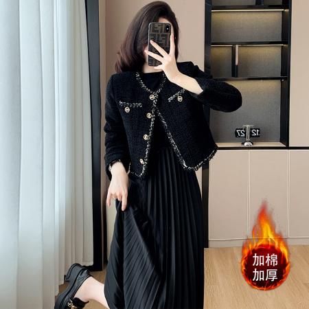 FA51386# 套装加棉法式小香风高级感红色连衣裙两件套女加厚短外套黑色秋冬 服裝批發女裝批發服飾貨源