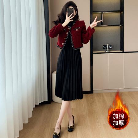 FA51386# 套装加棉法式小香风高级感红色连衣裙两件套女加厚短外套黑色秋冬 服裝批發女裝批發服飾貨源