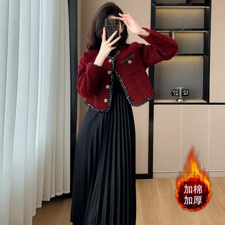 FA51386# 套装加棉法式小香风高级感红色连衣裙两件套女加厚短外套黑色秋冬 服裝批發女裝批發服飾貨源