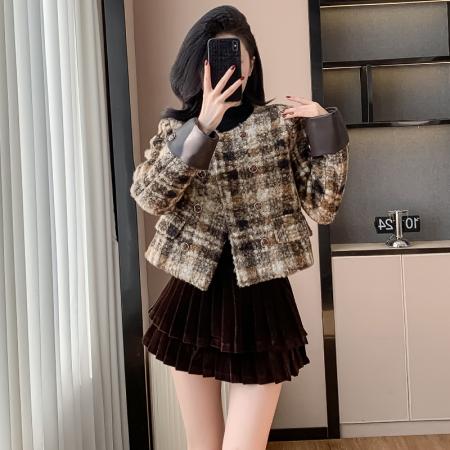 FA51387# 复古法式富家千金呢子短外套女秋冬别致设计感超好看格子毛呢上衣 服裝批發女裝批發服飾貨源