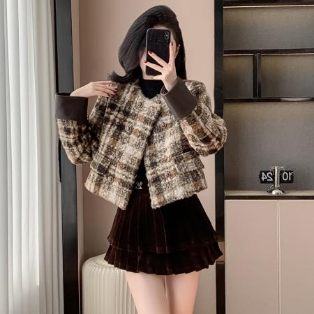 FA51387# 复古法式富家千金呢子短外套女秋冬别致设计感超好看格子毛呢上衣 服裝批發女裝批發服飾貨源