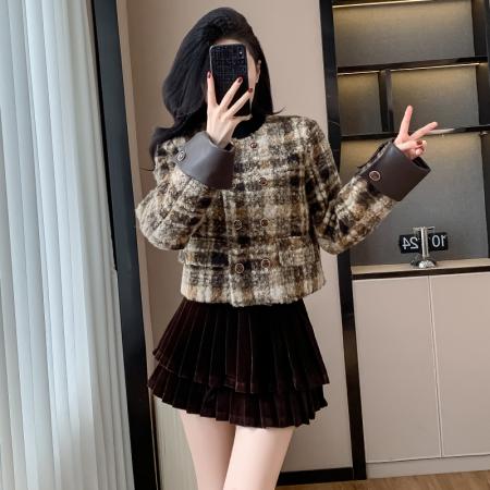 FA51387# 复古法式富家千金呢子短外套女秋冬别致设计感超好看格子毛呢上衣 服裝批發女裝批發服飾貨源
