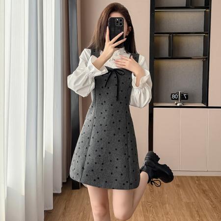 FA51388# 秋冬季韩系开秋穿搭蝴蝶结波点背心连衣裙子女新款短裙两件套 服裝批發女裝批發服飾貨源