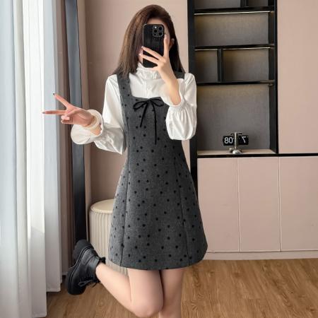 FA51388# 秋冬季韩系开秋穿搭蝴蝶结波点背心连衣裙子女新款短裙两件套 服裝批發女裝批發服飾貨源
