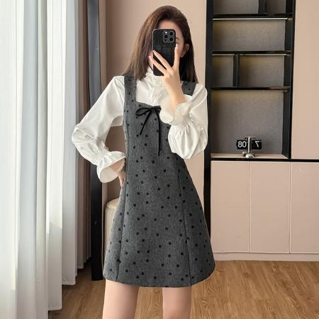 FA51388# 秋冬季韩系开秋穿搭蝴蝶结波点背心连衣裙子女新款短裙两件套 服裝批發女裝批發服飾貨源