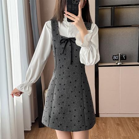 FA51388# 秋冬季韩系开秋穿搭蝴蝶结波点背心连衣裙子女新款短裙两件套 服裝批發女裝批發服飾貨源