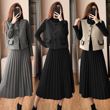 FA51389# 法式小香风马甲外套连衣裙两件套秋冬新款韩系搭大衣时髦套装 服裝批發女裝批發服飾貨源