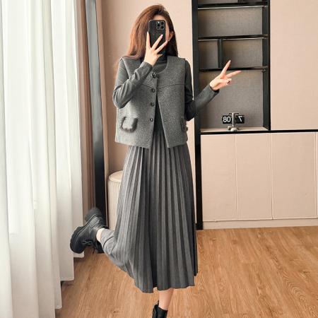 FA51389# 法式小香风马甲外套连衣裙两件套秋冬新款韩系搭大衣时髦套装 服裝批發女裝批發服飾貨源