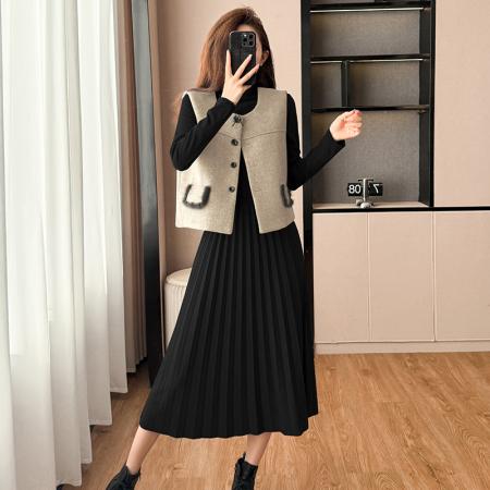 FA51389# 法式小香风马甲外套连衣裙两件套秋冬新款韩系搭大衣时髦套装 服裝批發女裝批發服飾貨源