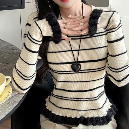 FA51390# 有货秋冬毛衣圆领套头毛绒木耳边针织衫女加厚条纹打底衫内搭外穿 服裝批發女裝批發服飾貨源