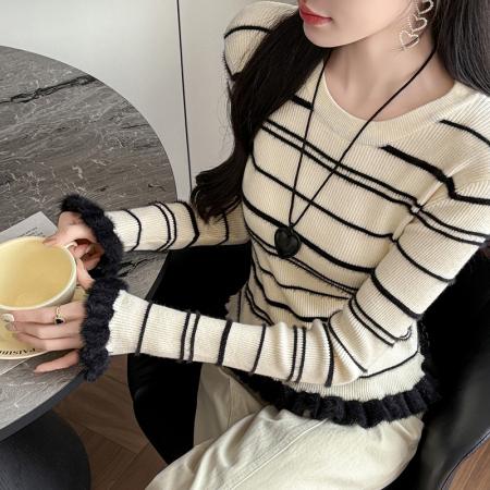 FA51390# 有货秋冬毛衣圆领套头毛绒木耳边针织衫女加厚条纹打底衫内搭外穿 服裝批發女裝批發服飾貨源