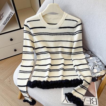 FA51390# 有货秋冬毛衣圆领套头毛绒木耳边针织衫女加厚条纹打底衫内搭外穿 服裝批發女裝批發服飾貨源