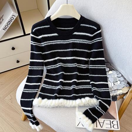 FA51390# 有货秋冬毛衣圆领套头毛绒木耳边针织衫女加厚条纹打底衫内搭外穿 服裝批發女裝批發服飾貨源