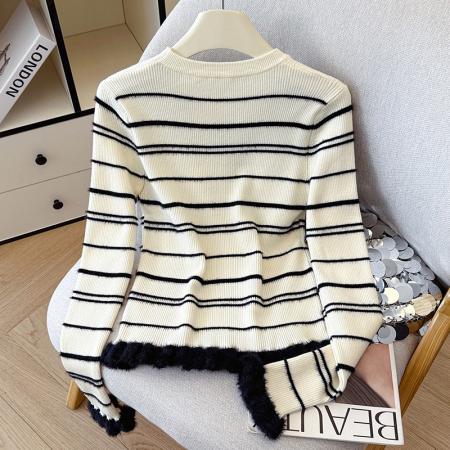 FA51390# 有货秋冬毛衣圆领套头毛绒木耳边针织衫女加厚条纹打底衫内搭外穿 服裝批發女裝批發服飾貨源