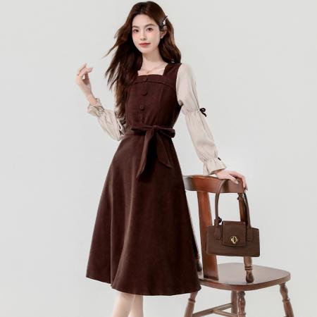 FA51391# 秋季方领长袖连衣裙收腰复古泡泡袖蝴蝶结灯芯绒美拉德色系女 服裝批發女裝批發服飾貨源