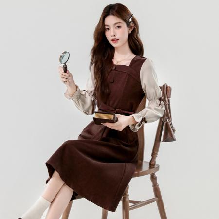 FA51391# 秋季方领长袖连衣裙收腰复古泡泡袖蝴蝶结灯芯绒美拉德色系女 服裝批發女裝批發服飾貨源