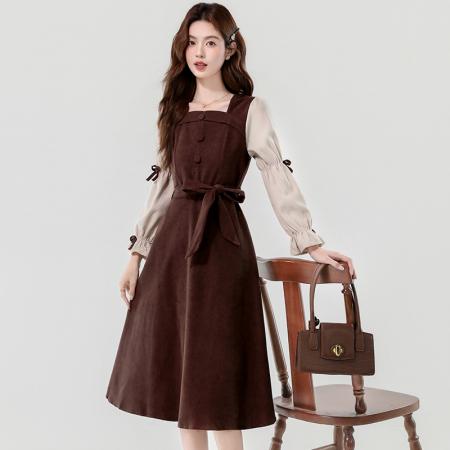 FA51391# 秋季方领长袖连衣裙收腰复古泡泡袖蝴蝶结灯芯绒美拉德色系女 服裝批發女裝批發服飾貨源