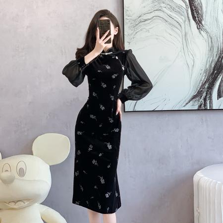 FA51392# 新中式小个子烫金黑色丝绒旗袍长袖秋季新款改良年轻款连衣裙 服裝批發女裝批發服飾貨源