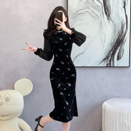 FA51392# 新中式小个子烫金黑色丝绒旗袍长袖秋季新款改良年轻款连衣裙 服裝批發女裝批發服飾貨源