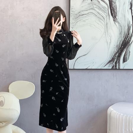 FA51392# 新中式小个子烫金黑色丝绒旗袍长袖秋季新款改良年轻款连衣裙 服裝批發女裝批發服飾貨源