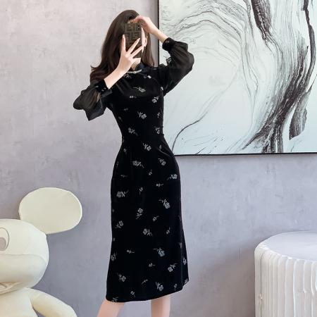 FA51392# 新中式小个子烫金黑色丝绒旗袍长袖秋季新款改良年轻款连衣裙 服裝批發女裝批發服飾貨源