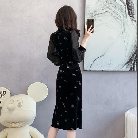 FA51392# 新中式小个子烫金黑色丝绒旗袍长袖秋季新款改良年轻款连衣裙 服裝批發女裝批發服飾貨源