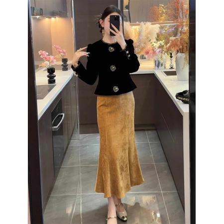 LN76392# 新中式复古风黑色外套鱼尾半身裙女秋冬新款温婉高级漂亮套装