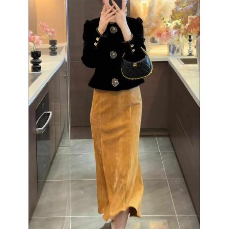 LN76392# 新中式复古风黑色外套鱼尾半身裙女秋冬新款温婉高级漂亮套装