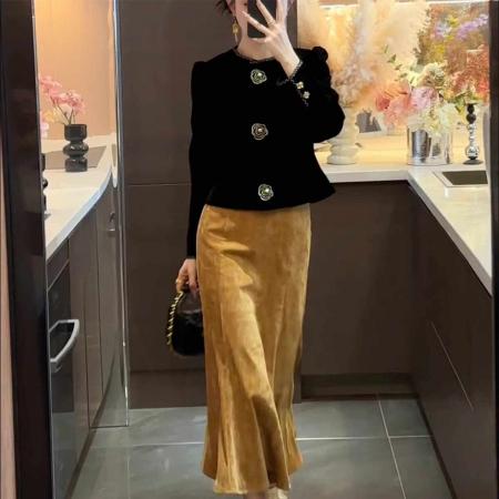 LN76392# 新中式复古风黑色外套鱼尾半身裙女秋冬新款温婉高级漂亮套装