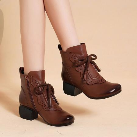 X-32954# 新款真新品民族风复古新品短靴女圆头中跟软底中老年短靴女鞋