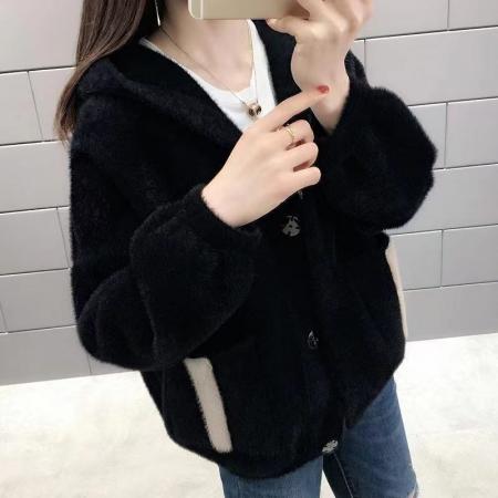 LN76394# 女士短外套新款爆连帽水貂绒外衣开衫春秋宽松百搭毛衣外套