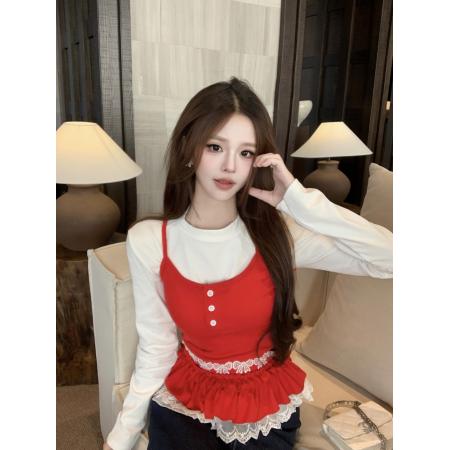 FA51399# 纯欲甜辣叠穿长袖纯色上衣+吊带背心两件套 服裝批發女裝批發服飾貨源