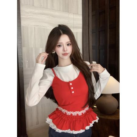 FA51399# 纯欲甜辣叠穿长袖纯色上衣+吊带背心两件套 服裝批發女裝批發服飾貨源