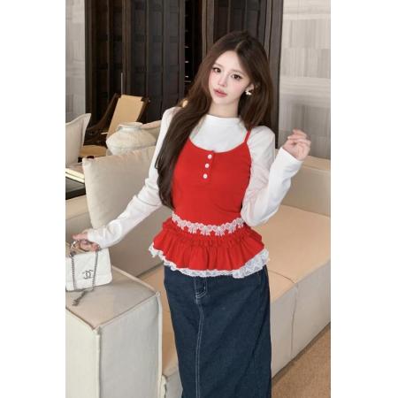 FA51399# 纯欲甜辣叠穿长袖纯色上衣+吊带背心两件套 服裝批發女裝批發服飾貨源