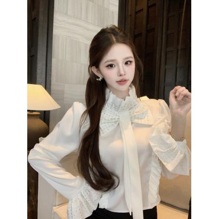 FA51400# 设计感泡泡袖缎面蝴蝶结衬衫镶钻高级感喇叭袖衬衫女上衣 服裝批發女裝批發服飾貨源