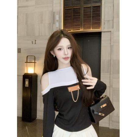 FA51401# 长袖露肩设计感时尚穿搭T恤修身洋气撞色百搭今年流行火爆新款 服裝批發女裝批發服飾貨源