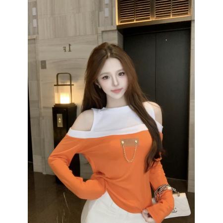 FA51401# 长袖露肩设计感时尚穿搭T恤修身洋气撞色百搭今年流行火爆新款 服裝批發女裝批發服飾貨源