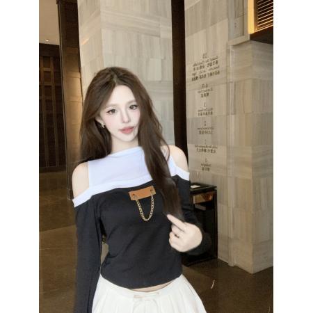 FA51401# 长袖露肩设计感时尚穿搭T恤修身洋气撞色百搭今年流行火爆新款 服裝批發女裝批發服飾貨源